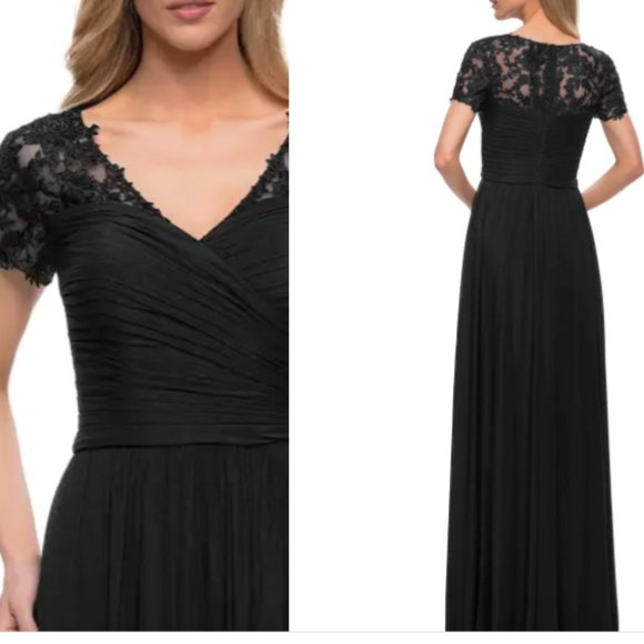 LA FEMME FLORAL EMBELLISHED SHEER SHORT SLEEVE BLACK GOWN sz 16 - Picture 5 of 5